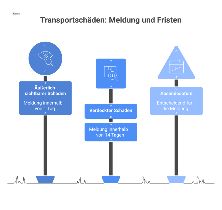 Ein Flussdiagramm, das den Prozess zur Meldung von Transportschäden darstellt, mit unterschiedlichen Fristen für sichtbare und verdeckte Schäden.