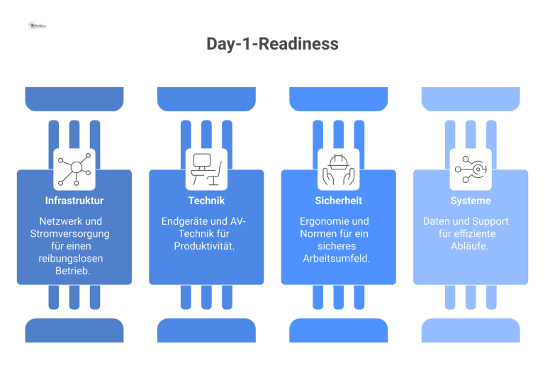 Die vier Säulen der Day-1-Readiness Infografik, die die vier Säulen der Day-1-Readiness für einen arbeitsbereiten Büroplatz visualisiert: Infrastruktur, Technik, Sicherheit und Systeme.