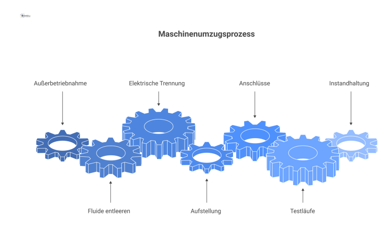 Flussdiagramm für Maschinenumzug in 3 Phasen Flussdiagramm, das den Prozess eines Maschinenumzugs in den drei Phasen Außerbetriebnahme, Wiederinbetriebnahme und Instandhaltung mit technischen Icons zeigt.