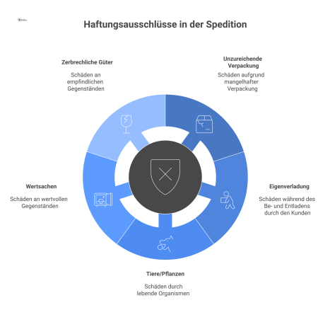 Schematische Infografik zu Haftungsausschlüssen einer Spedition mit einem zentralen Schild und Icons für Gründe wie Verpackung, Eigenverladung und Wertsachen. 
