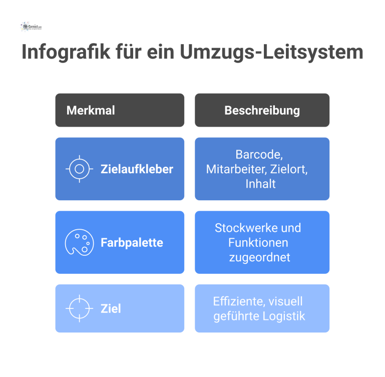 Infografik für ein Umzugs-Leitsystem Infografik, die ein Umzugs-Leitsystem zeigt, mit einem Muster-Zielaufkleber mit Barcode und einer Farbpalette zur Kennzeichnung von Stockwerken.