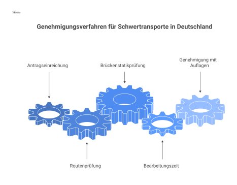 Infografik-Flussdiagramm zum Genehmigungsverfahren für Schwertransporte in Deutschland, vom Online-Antrag bis zur Genehmigung mit Auflagen wie Begleitfahrzeugen.