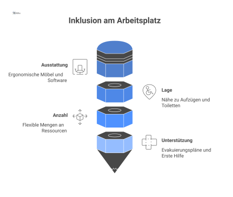Infografik über einen behindertengerechten Arbeitsplatz, die vier Bereiche zeigt: Ausstattung, Lage, Anzahl der Plätze und angebotene Unterstützung. 