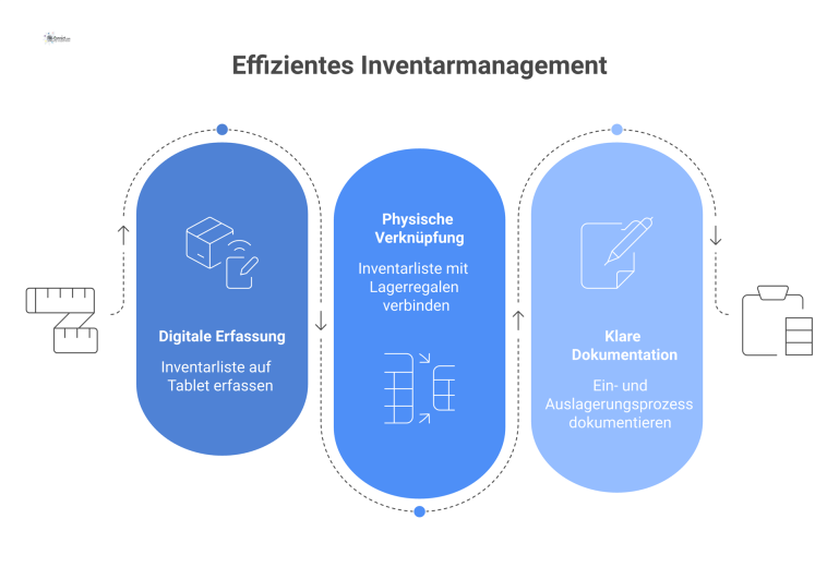 Infografik zum Inventarmanagement Prozess Infografik, die eine digitale Inventarliste auf einem Tablet zeigt, welche durch Pfeile mit physischen Lagerregalen verbunden ist.