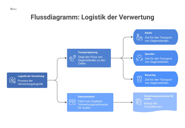Flussdiagramm zur Verwertungslogistik, das die parallelen Prozesse der Transportplanung zu Käufern, Spenden, Recycling und der Dokumentation für Verwertungsnachweise zeigt.
