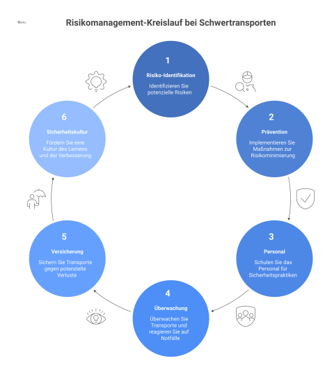 Ein Kreislaufdiagramm zum Risikomanagement bei Schwertransporten, das die sechs Kernbereiche Risiko-Identifikation, Prävention, Personal, Überwachung, Versicherung und Sicherheitskultur zeigt.