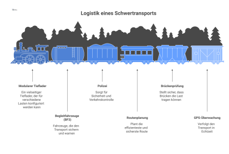  Infografik zeigt einen Schwertransport bei Nacht, umgeben von Begleitfahrzeugen, Polizei und Elementen der Routenplanung und GPS-Überwachung.