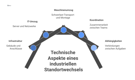 Ein vernetztes Diagramm der technischen Aspekte eines industriellen Standortwechsels, das die Abhängigkeiten zwischen Infrastruktur, IT- und Maschinenumzug aufzeigt.