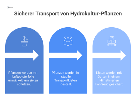 Infografik zum sicheren Transport von Hydrokultur-Pflanzen, die das Schützen, Verpacken in Kisten und Sichern im Fahrzeug zeigt.
