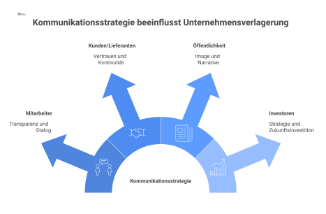 Infografik-Diagramm zur Kommunikationsstrategie bei einer Unternehmensverlagerung, das die Kernbotschaften für Mitarbeiter, Kunden, Öffentlichkeit und Investoren darstellt. 