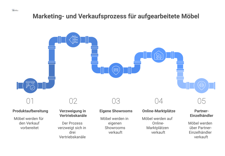 Flussdiagramm des Marketing- und Verkaufsprozesses für aufgearbeitete Möbel, der sich in drei Vertriebskanäle aufteilt: Showrooms, Online-Marktplätze und Partner-Einzelhändler.