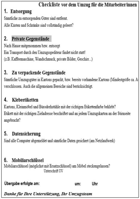 Beispiel einer Checkliste vor einem einfachen Umzug